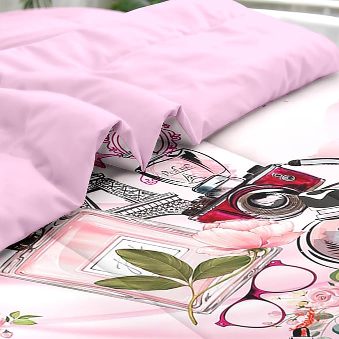 7 Pcs Comforter Set Full Size, Paris Teen Girls Pink Bedding for Kids and Adults, Cute Makeup Perfume Bed Sheet Sets with Fitted Sheet 2 Pillowcases & 2 Shams for Bedroom Bed Decor