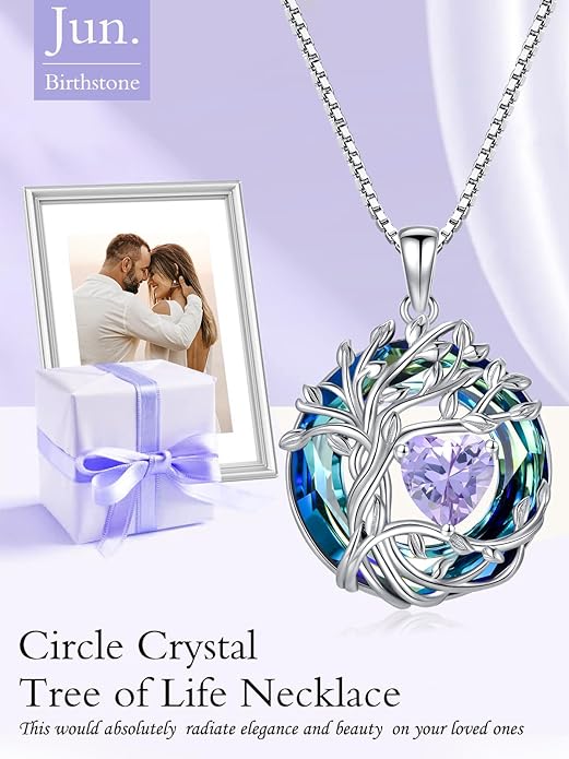 TOUPOP Tree of Life Birthstone Necklace 925 Sterling Silver Pendant Austrian Crystal Jewelry Anniversary Valentine's Day Birthday Gifts for Women Mom Her Wife