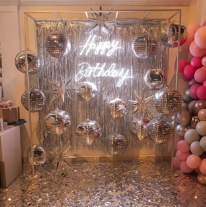 16PCS Disco Ball Balloons, 32in 22in 10in Large 4D Metallic Silver Disco Balloons Foil Balloon for 70s 80s 90s Discos Party Birthday New Year Graduation Party Decorations