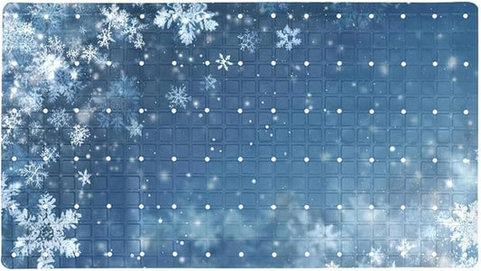Non Slip Bath Mat for Tub, 15.1 x 26.8 Inch Bathtub Mat Machine Washable Shower Mat with Drain Holes and Suction Cups, Christmas Winter Snowfall White Snowflakes Blue Background