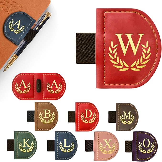 Personalized Leather Magnetic Bookmark with Pen Holder, Custom Bygone Mark Bookmark with Pen Holder, Custom Bookmarks with 26 Letters for Reading Women, Men, Teachers, Book Lovers（Red，W）