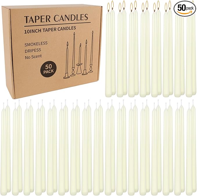 50 Pack Ivory Taper Candles, 7-8 Hours Burn Time, Unscented, Smokeless and Dripless, 4/5 x 10 Inch for Christmas,Household,Dinner,Wedding,Valentine's Day,Party and Home Décor Candlesticks