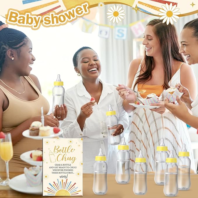 TrelaCo Cool Baby Shower Games Bottle Chug Sign and 12 Pcs Baby Bottle Shower Favor Bottles for Gender Reveal Games (Yellow, Here Comes the Son)