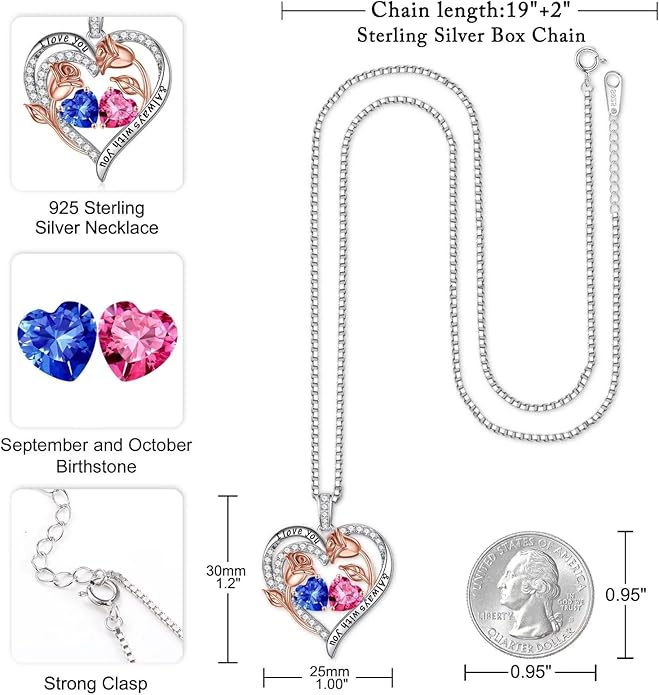 Iefil Valentines Day Gifts for Her - 925 Sterling Silver Rose Heart Birthstone Necklace Birthday Anniversary Jewelry Gifts for Her Wife Mom Daughter