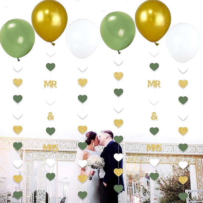 Sage Green Wedding Party Decorations Gold/Green/White Heart Mr and Mrs Garland with Balloons for Bridal Shower Engagement Bachelorette Party