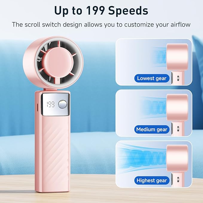 Portable Handheld Turbo Fan - Foldable Mini Fan with Air Turbo Tech, 1-199 Speed Adjustment, 20H Runtime, LED Display, Battery-Powered for Indoor/Outdoor Use Nude Pink