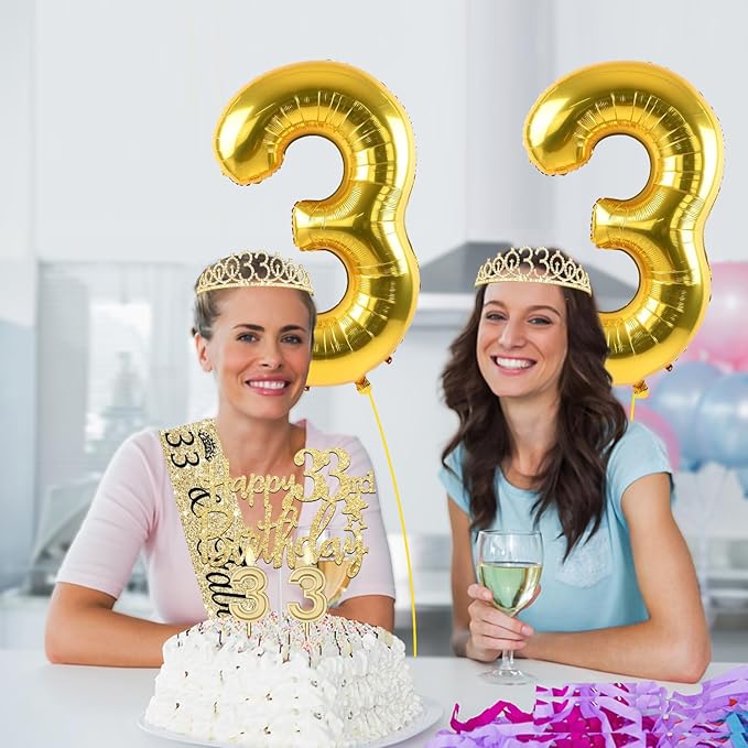 33 Birthday Decorations Women Gold with 33rd Birthday Sash and Tiara, Cake Topper and Candles, Number Balloons, 33 Year Old Gifts for Women