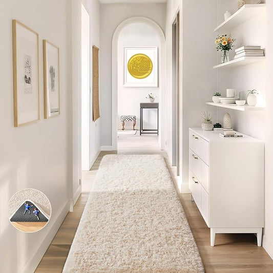 Ophanie 2x8 Runner Rug for Hallway, Upgrade Non-Slip Fluffy Soft Bedside Rugs, Bedroom Living Room Ivory Shaggy Carpet for Kids Girls Boys Dorm Nursery Home Decor Aesthetic
