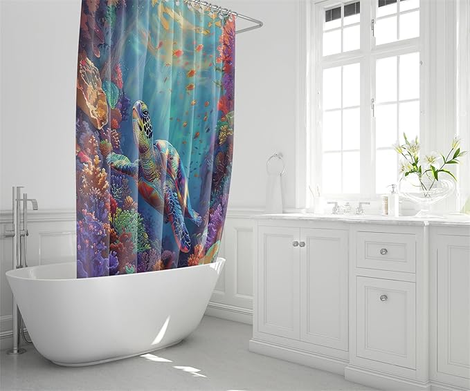4 Pcs Ocean Themed Shower Curtain - Sea Turtle Shower Curtain Set Ocean Shower Curtain for Bathroom Sea Turtle Shower Curtain Set with Rug,Toilet Cover and Bath Mat with 12 Hooks