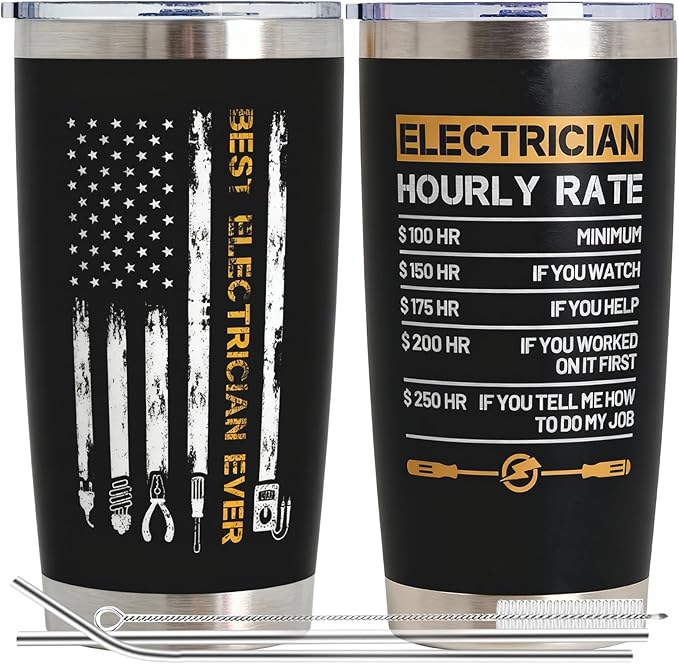 Electrician Gifts for Men - 20oz Electrician Tumbler with Best Electrician Ever & Funny Hourly Rate Design, Complete with Gift Box | Gifts for Electricians Men