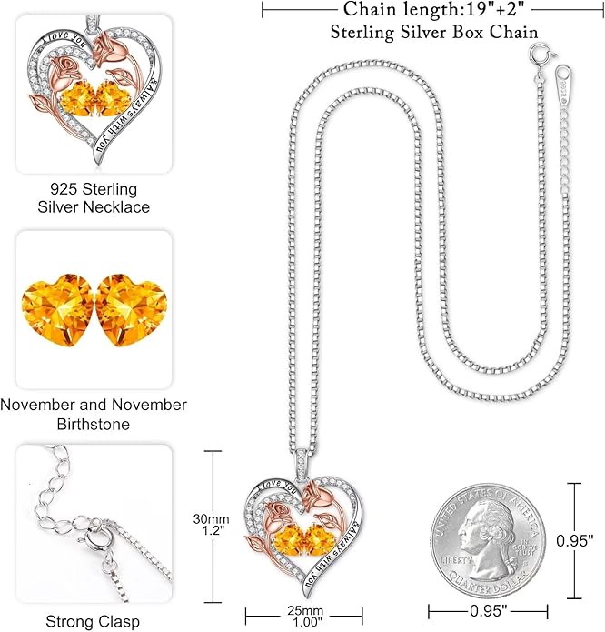 Iefil Valentines Day Gifts for Her - 925 Sterling Silver Rose Heart Birthstone Necklace Birthday Anniversary Jewelry Gifts for Her Wife Mom Daughter