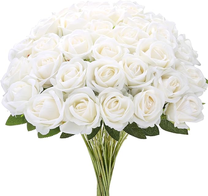 Roses Artificial Flowers, Fake Velvet Silk Roses in Bulk for Home Decor Indoor, Fake Roses Realistic Flowers with Stems for Wedding Centerpiece Party Decor (24, White)