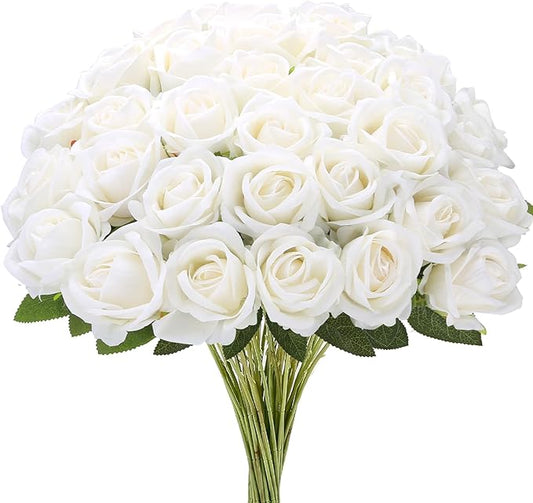 Roses Artificial Flowers, Fake Velvet Silk Roses in Bulk for Home Decor Indoor, Fake Roses Realistic Flowers with Stems for Wedding Centerpiece Party Decor (24, White)
