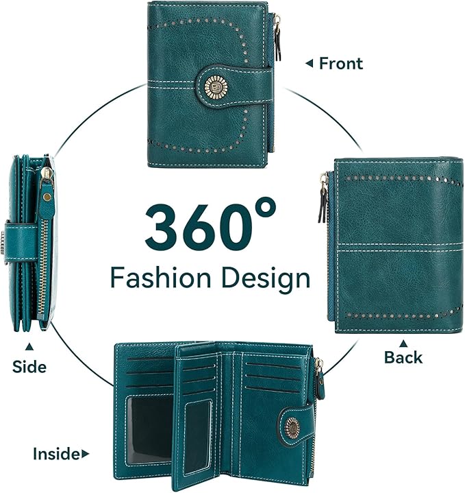 Women's Small Genuine Leather Bifold Wallet Large Capacity RFID Blocking with 16 Card Slots 2 ID Windows and Zipper Coin Pocket Pink (Peacock Blue)