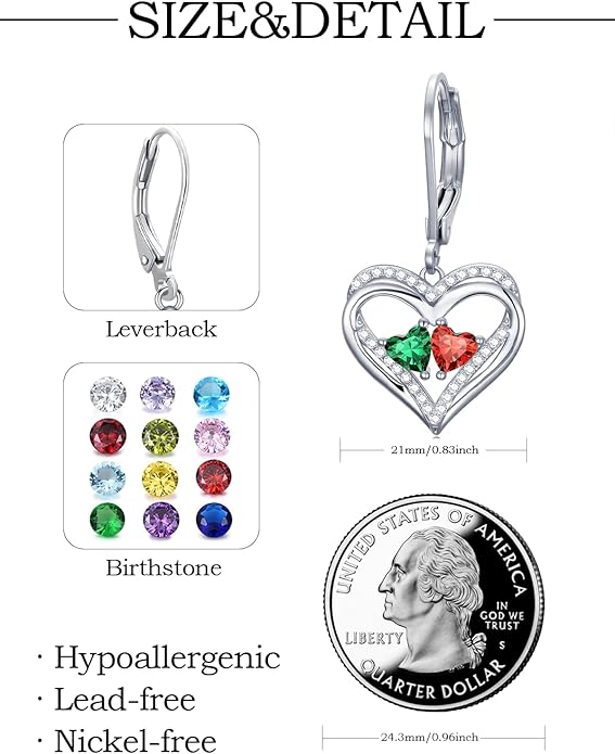 Heart Leverback Earrings Double Birthstone Dangle Earrings for Women, Love Jewelry for Her, Christmas Gifts for Women, Anniversary Birthday Gift for Mom Wife Girlfriend