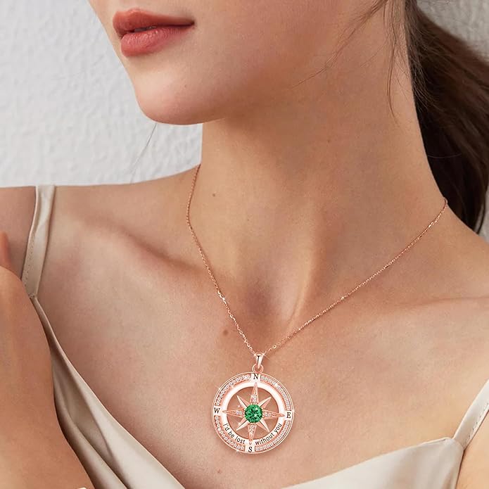 S925 Necklace Birthstone Compass Gift for Women Jewelry Sterling Silver Necklace for Wife Wedding Anniversary Girlfriend Birthday Gifts for Her Valentines Day Mom Mothers Day