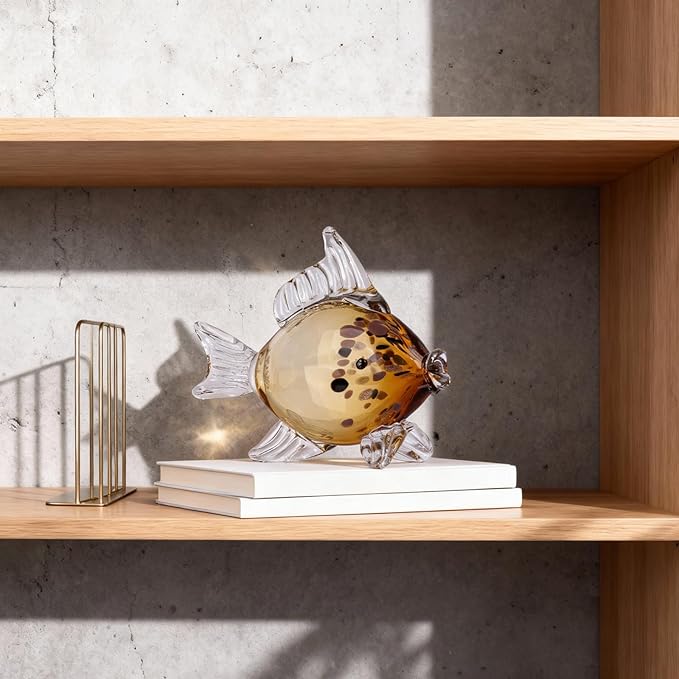 Amber Gold Blown Glass Fish Figurine – Handcrafted Art Glass Animal Sculpture, Ocean Coastal Home Decor, Elegant Ornament for Tabletop or Bookshelf Display (H)
