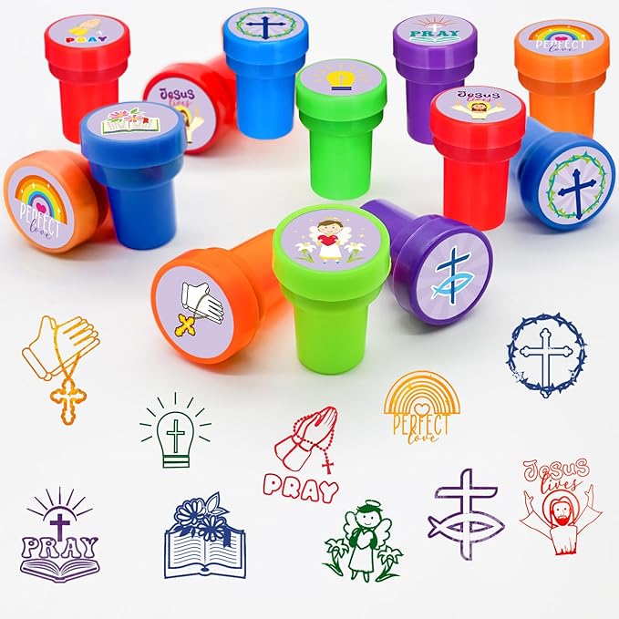 Cinrobiye 24 PCS Christian Party Stampers，Religious Bible Favors for Boys Girls, Easter Nativity Party Supplies, Classroom Rewards, Carnival Prizes, Goodie Bag & Pinata Fillers