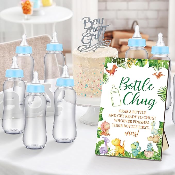 TrelaCo Dinosaur Cool Baby Shower Games Bottle Chug Sign Wooden Green Leaf Gift Sets Gender Reveal Party Supplies and 12 Pcs Baby Bottle Shower Favor for Game Gender Reveal