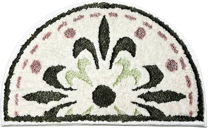 Washable Cute Bath Mat for Bathroom,31x20 Half Circle Non-Slip Small Bath Rugs, Absorbent Quick Dry Bath Mats, Plush Carpet for Bathtub, Boho Farmhouse Decor (Green Flower)