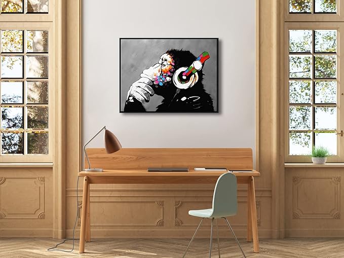 Wieco Art Large Black Framed Monkey With Headphones Banksy Graffiti Art Abstract Canvas Painting for Home Decor Canvas Wall Art for Living Room Decoration Wall Decor & Office Decor