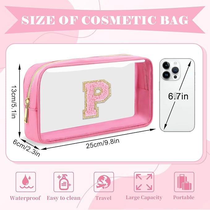 Personalized Initial Letter Clear Makeup Bag,Preppy Small Nylon&PVC Cosmetic Zipper Bag with Chenille Letter,Portable Beach Travel Skincare Toiletry Bag,Trendy Monogram Gift for Teen Girls Women,P