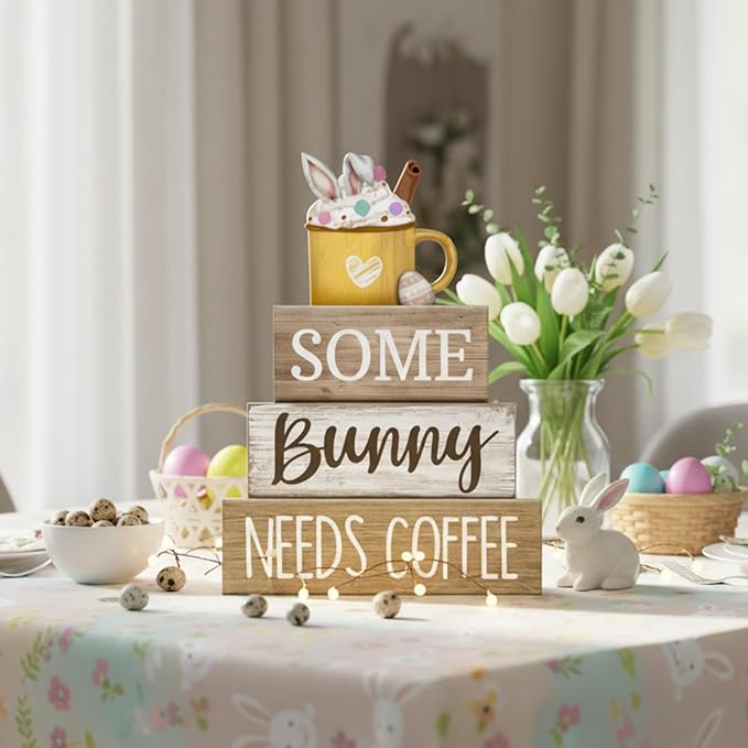 4 Pcs Easter Table Decorations Wooden Coffee Bunny Tiered Tray Decor Happy Easter Centerpiece for Tables Decorative Rabbit Block Signs Gifts Farmhouse Rabbit Decor for Home Kitchen Shelf