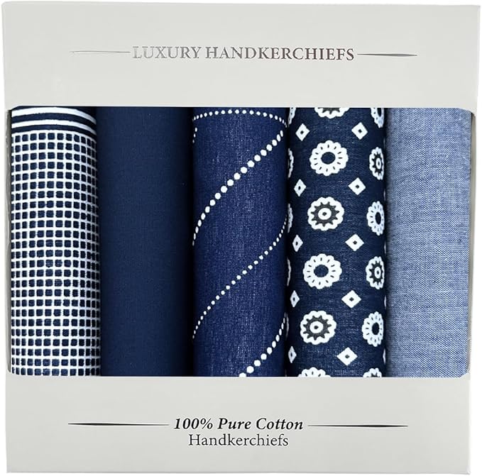 5 Pack Handkerchief Mens Cotton Luxury Hot Silver Gift Box Set, Vintage 40x40cm Fancy Design Pocket Square Hankie Gift Pack