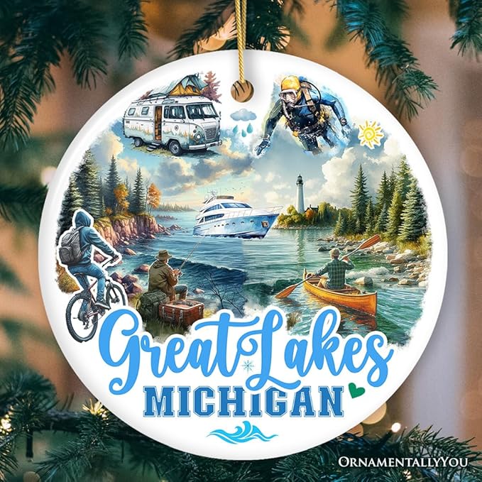 Artistic Great Lakes Michigan State Ornament, Ceramic Landscapes and Travel Souvenir and Gift (Version 2)