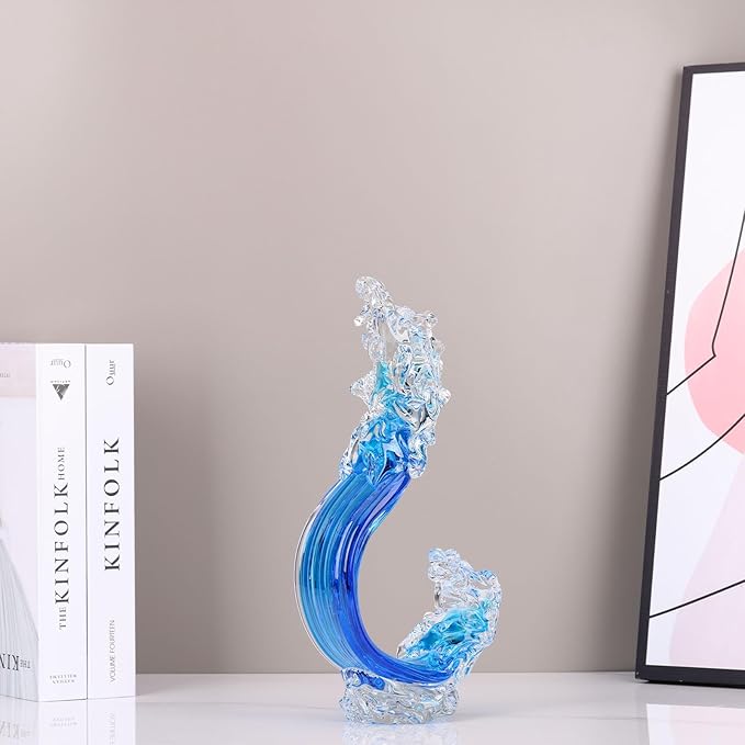 LCCCK Blue Glass Beach House Decor, Hand Blown Ocean Wave Decorate, Tall Blue Glass Sculpture Home Decor, Ocean Wave Fused Art Figurines, for Sea Art Beach Coastal Nautical Office Surfers Gifts