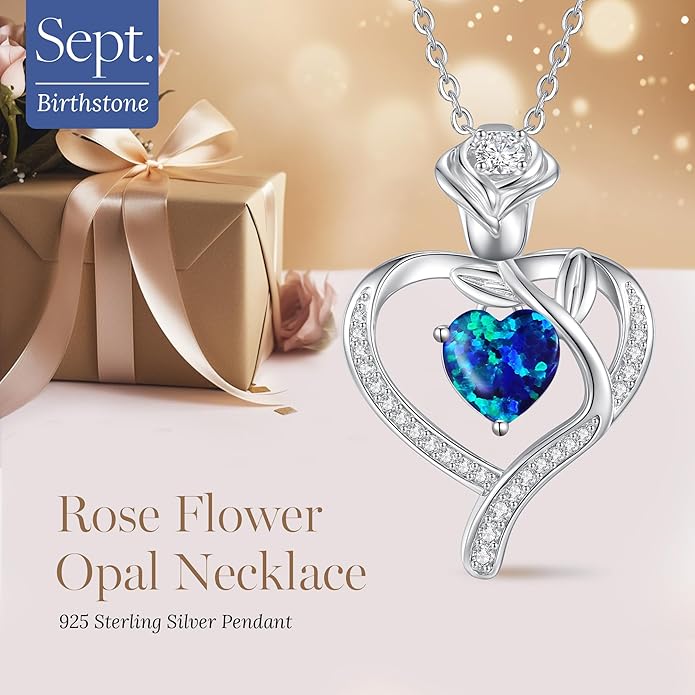 LOUISA SECRET Rose Flower Heart Birthstone Necklaces for Women, 925 Sterling Silver Fine Jewelry, Pendant Heart Necklaces Birthday Anniversary Christmas Gift for Women Wife Mom Girlfriend Lady