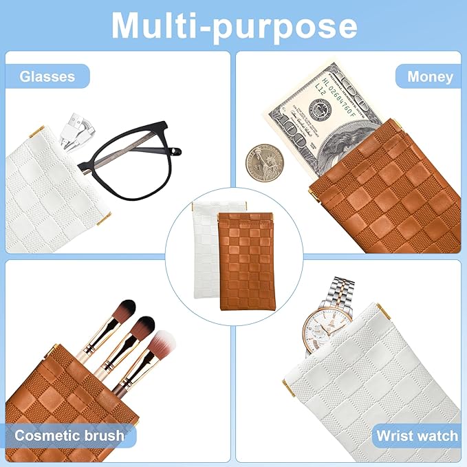 4PCS Small Makeup Bag for Purse, Mini Leather Pocket Cosmetic Bag for Women, Waterproof Portable Makeup Pouch No Zipper Coin Purse Lipstick Bag Accessories, Checkered Travel Storage Bag(White, Brown)