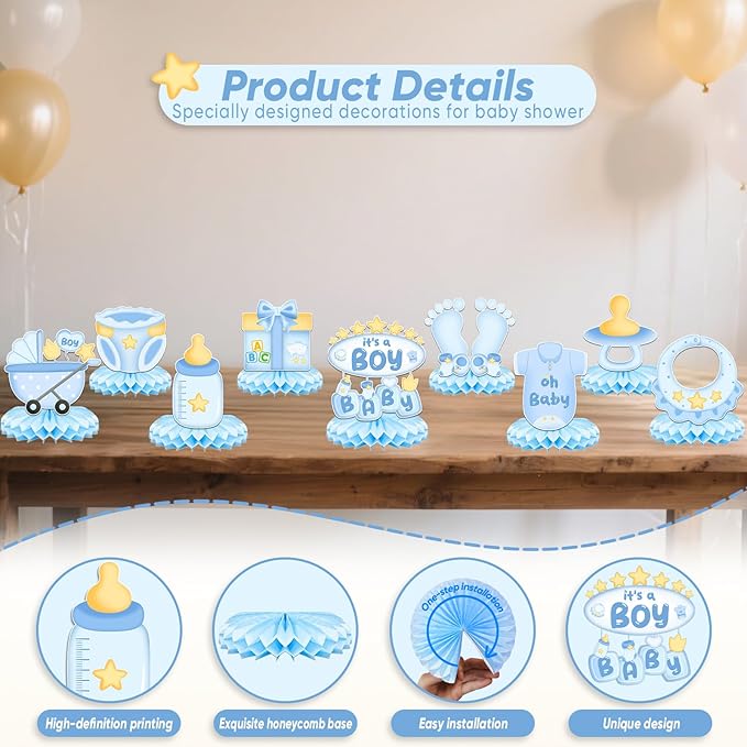 9Pcs Baby Shower Decorations Honeycomb Centerpieces for Boy, Cute Pattern It's a Boy Gender Reveal Table Centerpiece, Gender Reveal Party Supplies (Blue)