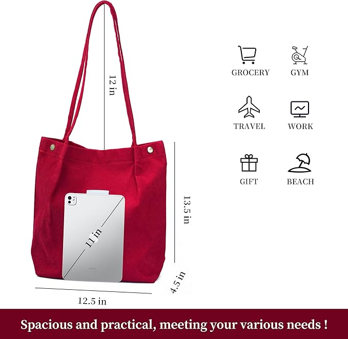 Corduroy Tote Bag Cute Tote Bags for Women Shoulder Bag with Inner Pocket for Work Beach Travel and Shopping Grocery