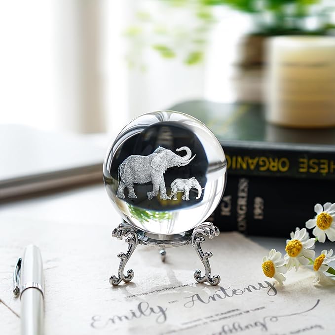ZEERSHEE 60mm 3D Glass Laser Engraved Mother Son Elephants Crystal Ball with Stand Decorative Sphere Elephant Gifts for Women