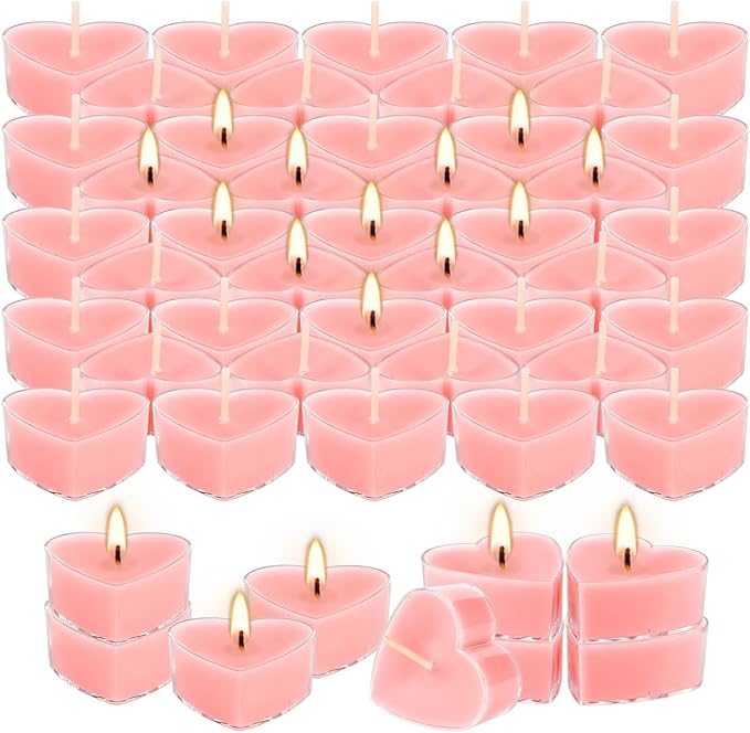 50-Pack Pink Heart Tea Wax (4-Hour Burn) - Rose-Scented Candles for Valentine's Day, Anniversaries, Weeding,Pool Parties & Romantic Decor & Special Occasions.