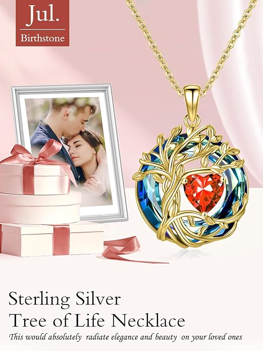 TOUPOP Tree of Life Birthstone Necklace 925 Sterling Silver Pendant Austrian Crystal Jewelry Anniversary Valentine's Day Birthday Gifts for Women Mom Her Wife