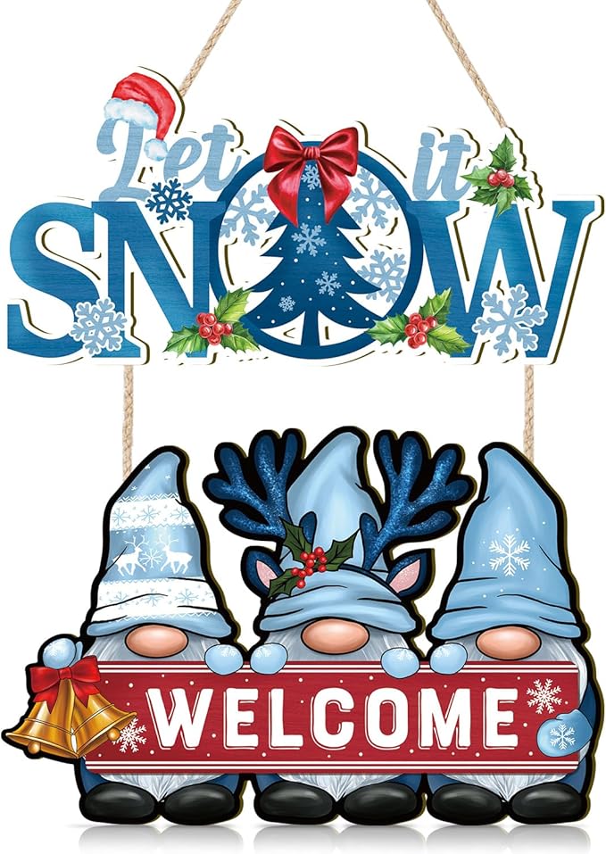 CHDITB Let it Snow Wooden Sign, Winter Welcome Wood Hanging Plaque, Dwarfs Front Door Sign for, Snowflake Wall Art Sign Hanger, Dwarf Seasonal Wall Decor for Outdoor Porch Yard Home Decor