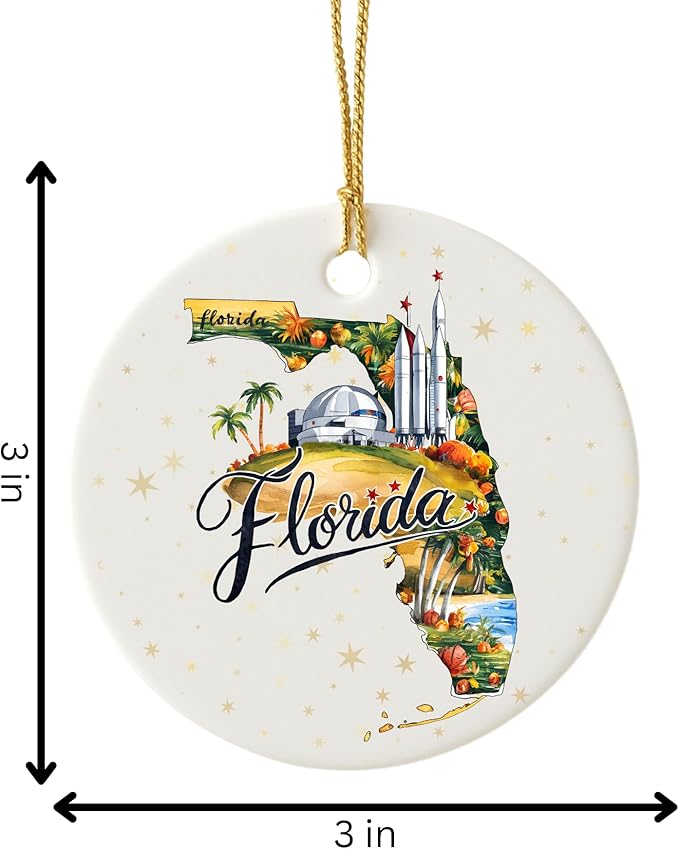 USA State Landmark Ceramic Ornament – Round Glossy Christmas Decoration Featuring U.S. State Art, Landmarks & Holiday Scenery – Collectible Travel Souvenir Ornament Series (Florida)