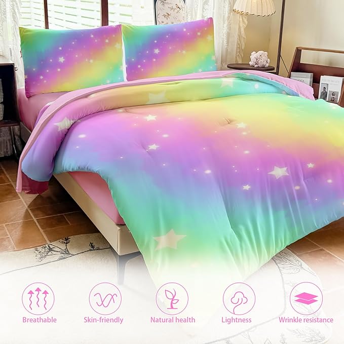 Rainbow Bedding Set Full Size – 5 Piece Reversible Girls Comforter with Deep-Pocket Sheet, Gradient Galaxy Design, Whole-Piece Filling, Machine Washable Bed-in-a-Bag for Kids Room Makeover & Gifts