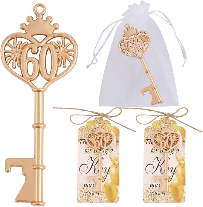 24 Sets 60 Birthday Party Favors Key Bottle Opener, 60th Beer Opener Keychain Favors for Guest with Organza Bags and Tags,Beer Keychain Bottle Openers for Birthday Party Decoration Supplies (gold-60)