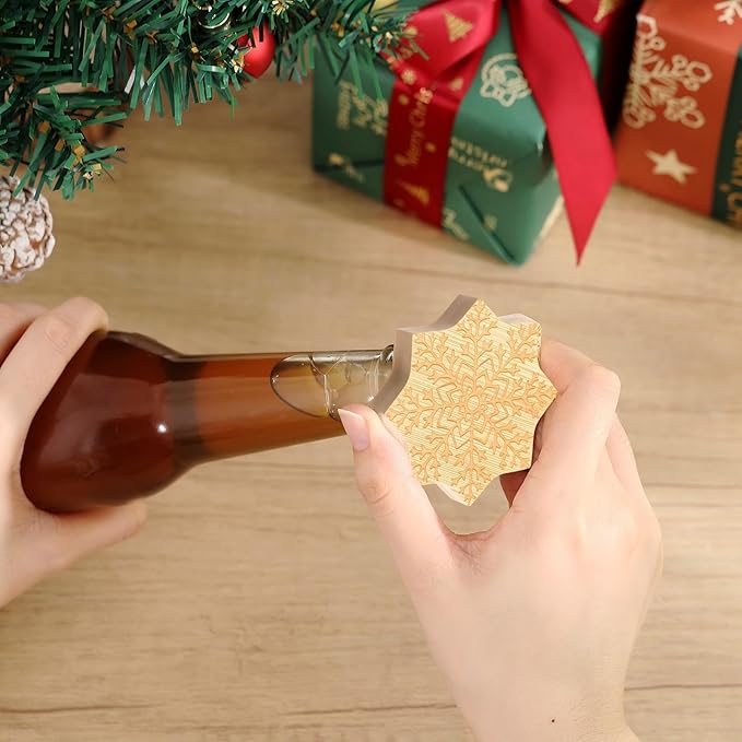 Vesici 12 Pcs Magnetic Bottle Opener 2.5in DIY Bamboo Snowflake Shape Beer Openers Wooden Fridge Magnet Refrigerator Sticker Gift for Beer Lover Wedding Guest Kitchens Bars Parties