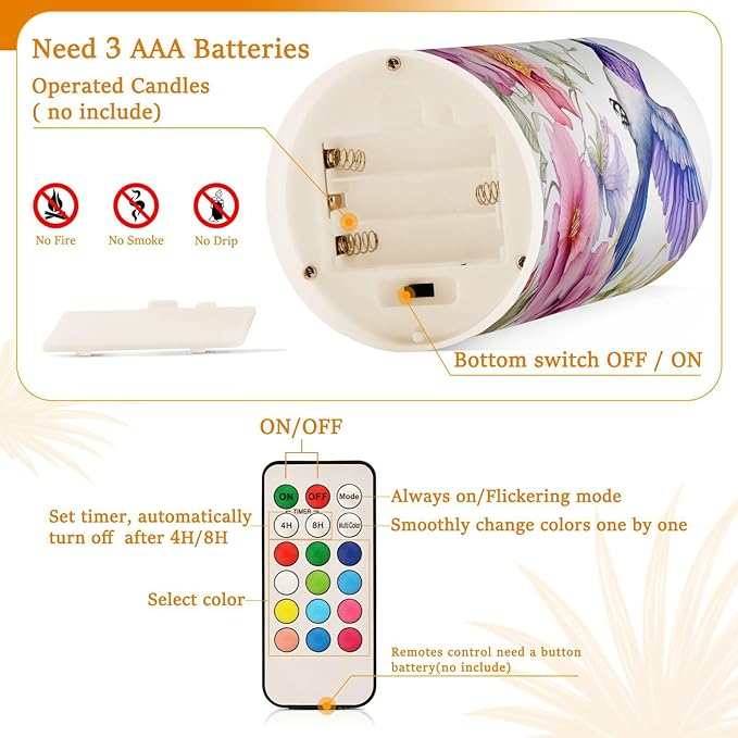 ALAZA Spring Hummingbird Flowers Flickering Flameless Candles Battery Operated with Remote Timer,Tea Light Candles LED Pillar Votive Candles Set of 2 for Outdoor Indoor Decorations