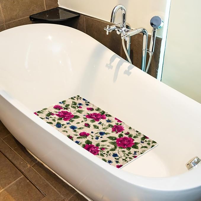 Small Cute Flowers on Beige Baskground Bath Tub and Shower Mats, Non Slip Bathmat with Drain Holes and Suction Cups for Bathroom Floor, 15.1 x 26.8 Inch