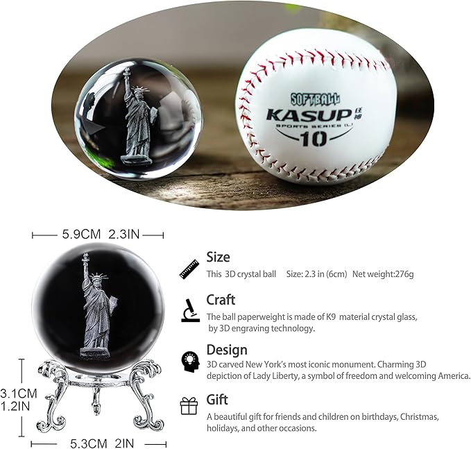 ZEERSHEE 4th of July Decoration 2.3in 3D Laser Statue of Liberty Crystal Ball Paperweight with Stand New York Souvenirs Gifts for Women Men Friends