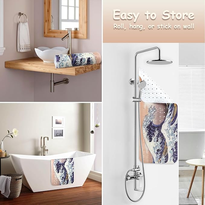 Bathtub Mat Non Slip, Japanese Wave Extra Long Bath tub Mat Shower Floor Mat with Suction Cups and Drain Holes for Adults Kids Elderly 40 X 16 Inch