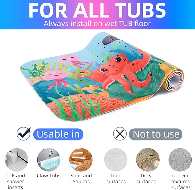 Reetual Cartoon Baby Bath Mat – Non Slip Kids Bathtub Mat for Toddlers, 40" x 16", Suction Cups & Drain Holes, Machine Washable (Whale)