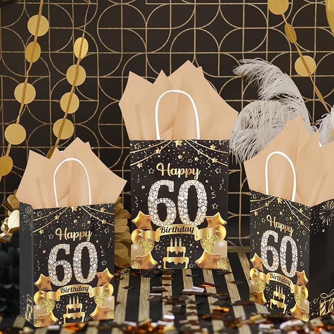 50Pcs 60th Birthday Party Favors Gift Bags Bulk, Black and Gold Happy 60th Gift Candy Wrap Bags with Tissue Paper, Vintage 60th Birthday Decorations Souvenir Bag for Men Women Anniversary Supplies (60th)