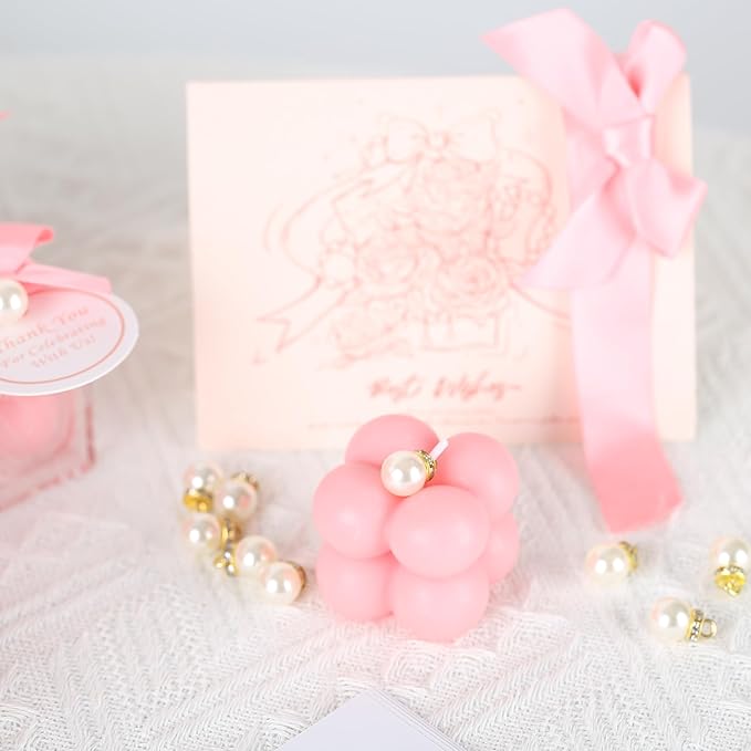 ACITHGL 30 Sets Fully Assembled Small Bubble Candle Party Favors for Guests Bulk Bridal Showers Favors Candles with Stylish Ribbons Thank You Cards Gifts (Pink)