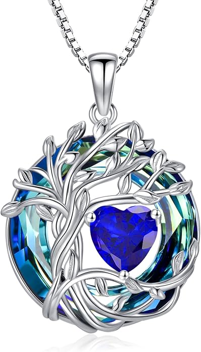 TOUPOP Tree of Life Birthstone Necklace 925 Sterling Silver Pendant Austrian Crystal Jewelry Anniversary Valentine's Day Birthday Gifts for Women Mom Her Wife